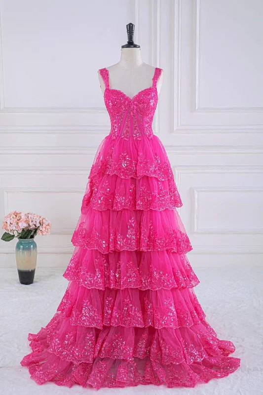 Low Prices office dressHot Pink Layers Sequined Floral Long Prom Dress