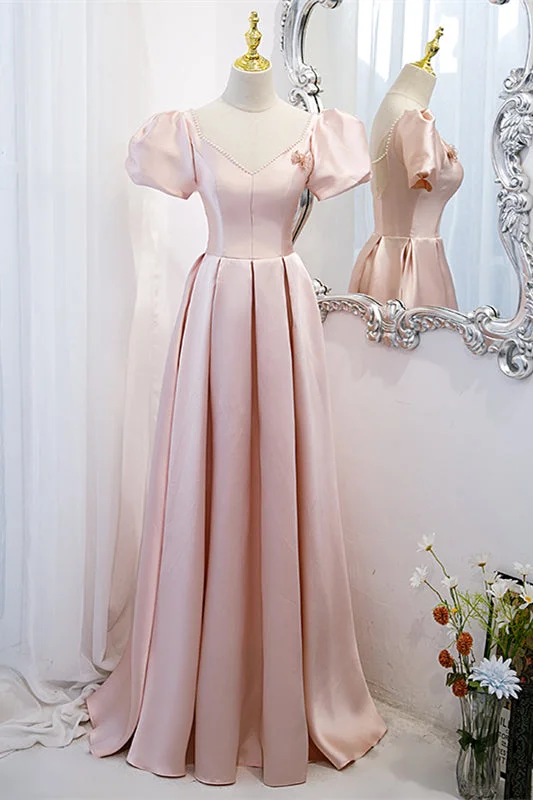 Major Savings vintage dressPink V Neck Puff Sleeves Pearl Beaded 3D Applique Long Formal Dress