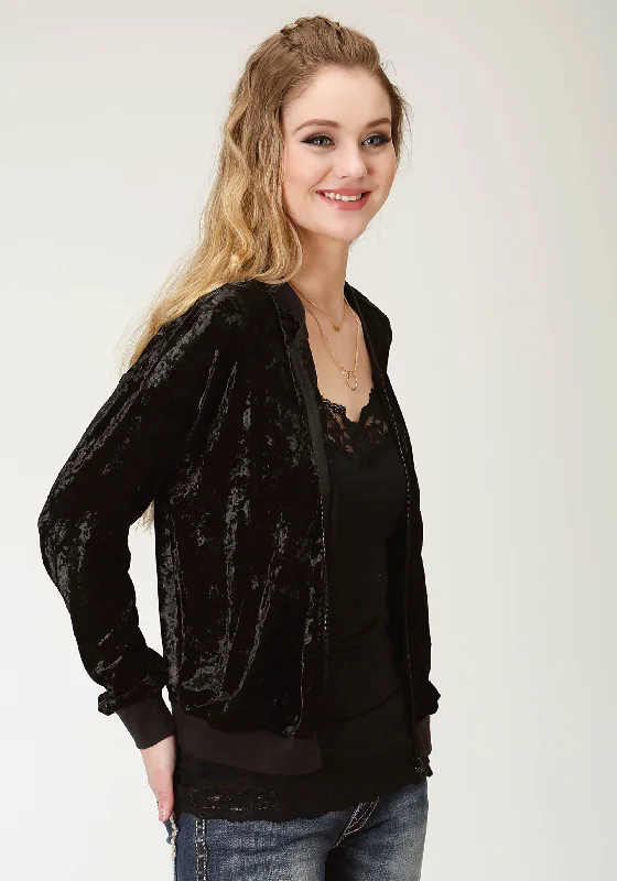 Lowest Prices windproof jacketWOMENS SOLID BLACK CRUSHED VELVET BOMBER JACKET