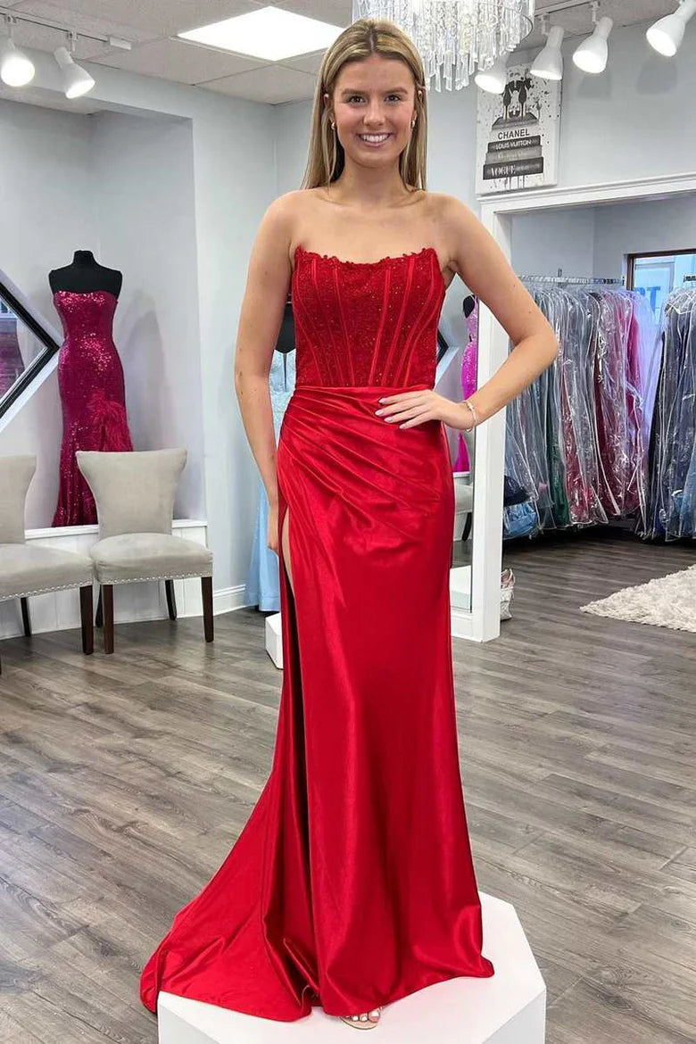 Exclusive Preview party-ready dressBateau Strapless Empire Lace Appliques With Side Slit Prom Dress