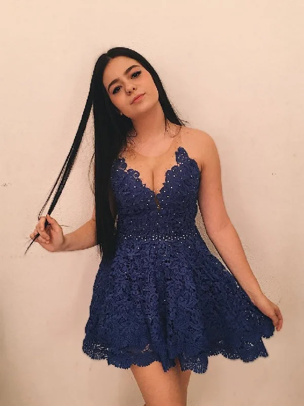 Extra Savings Chic Homecoming Dresses Aline Dark Navy Short Prom Dress Lace Party Dress JK617