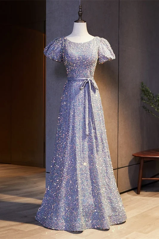 Bargain Bin elegant dressLavender A-line Scoop Neck Puff Sleeves Sequins Maxi Formal Dress with Sash