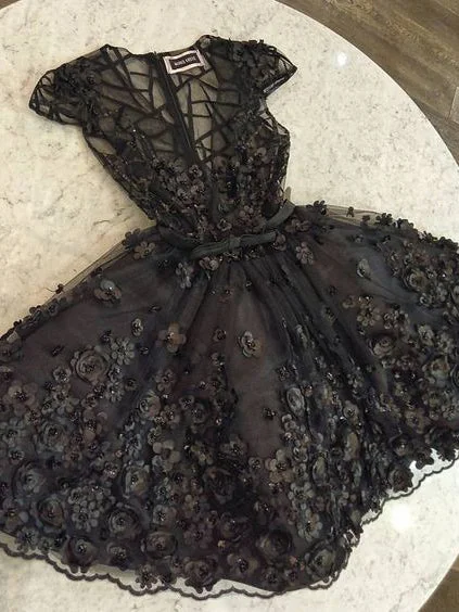 Super Bargain Little Black Dress Lace Homecoming Dresses V-neck Short Prom Dress Party Dress JK840