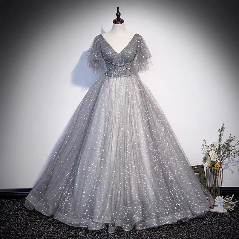 Stock Clearance elegant evening dressGray tulle sequins long prom dress A line evening gown s65