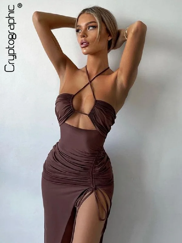 Reduced Prices fitted trench coatCryptographic Hot Summer Sexy Halter Backless Sleeveless Cut Out Maxi Dress for Women Elegant Club Party Slit Dresses Vestido