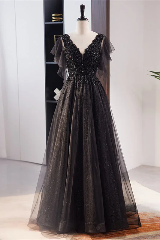 Mega Sale playful dressBlack Deep V Neck Flaunting Sleeves Beaded Maxi Formal Dress
