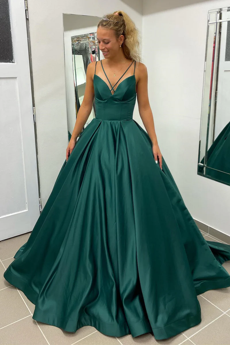 Clearance Items comfy maxi dressCasual Satin A-Line V-Neck Sleeveless With Train Prom Dress