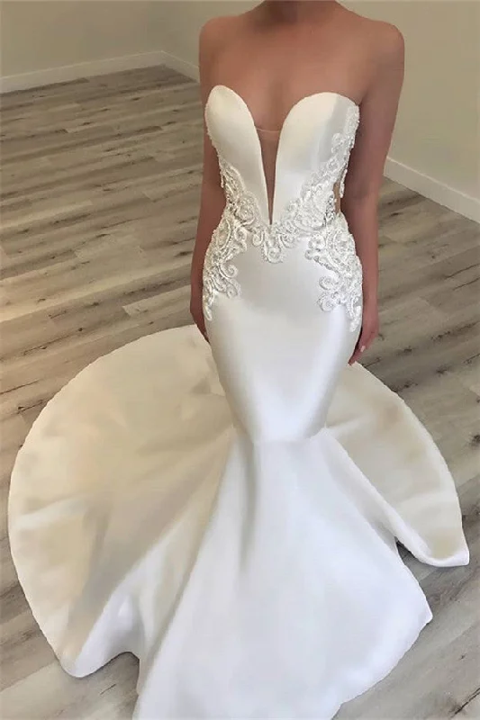 Exclusive Preview Strapless Appliques Wedding Dresses Classic Mermaid Open Back Dresses for Weddings