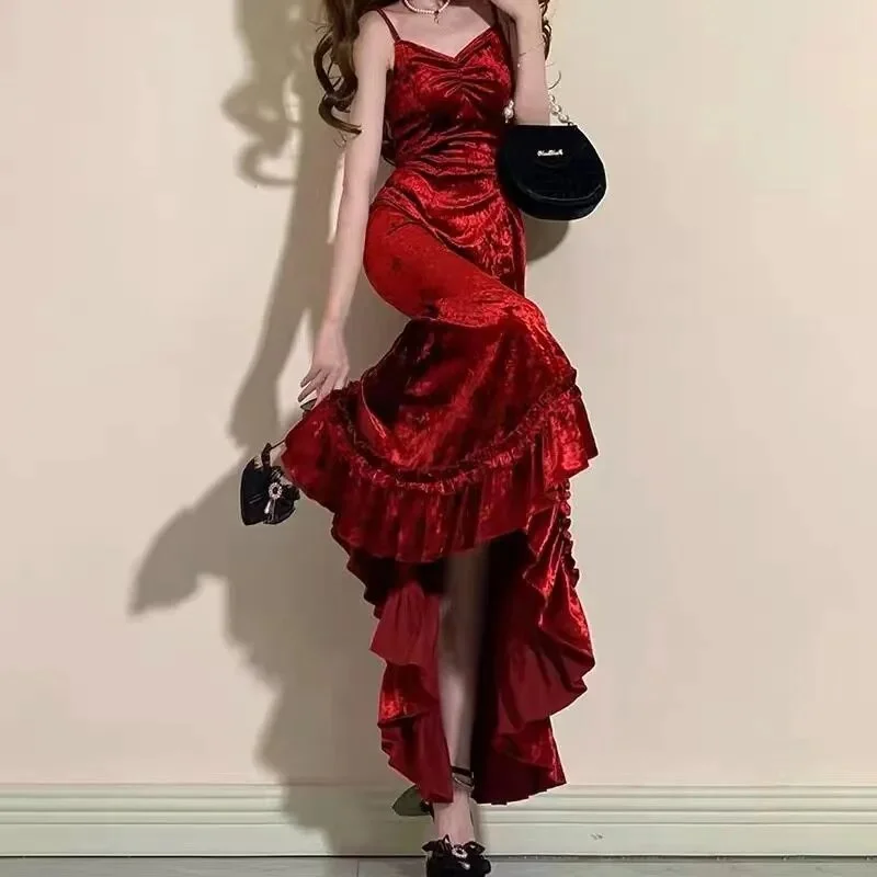 Big Discounts elegant dressVintage Elegant Women Spaghetti Strap Sexy Prom Dress Bodycon Slim Red Dinner Party Long Dress Y4521