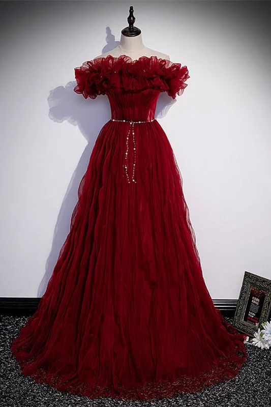 New Markdowns floral wrap dressRed Ruffle Off-the-Shoulder Pleated Long Formal Dress with Pearl Sash