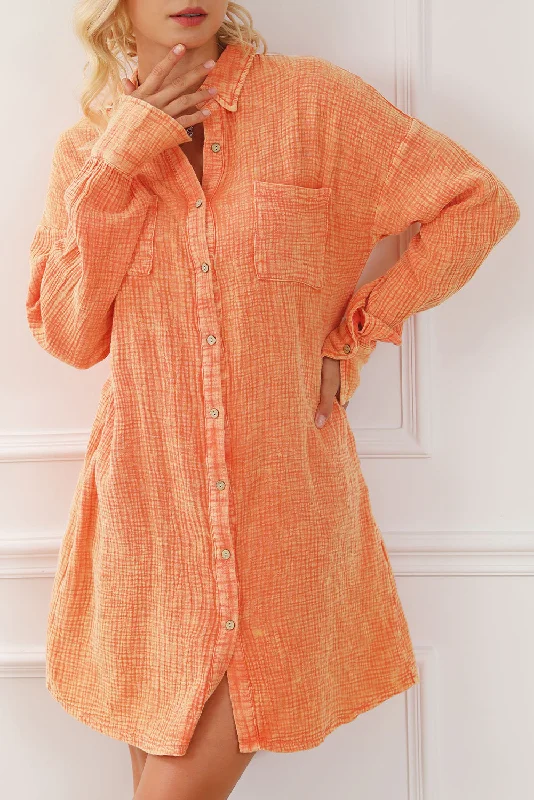 Price Drop Orange Crinkled Dual Chest Pocket Oversized Shirt Dress