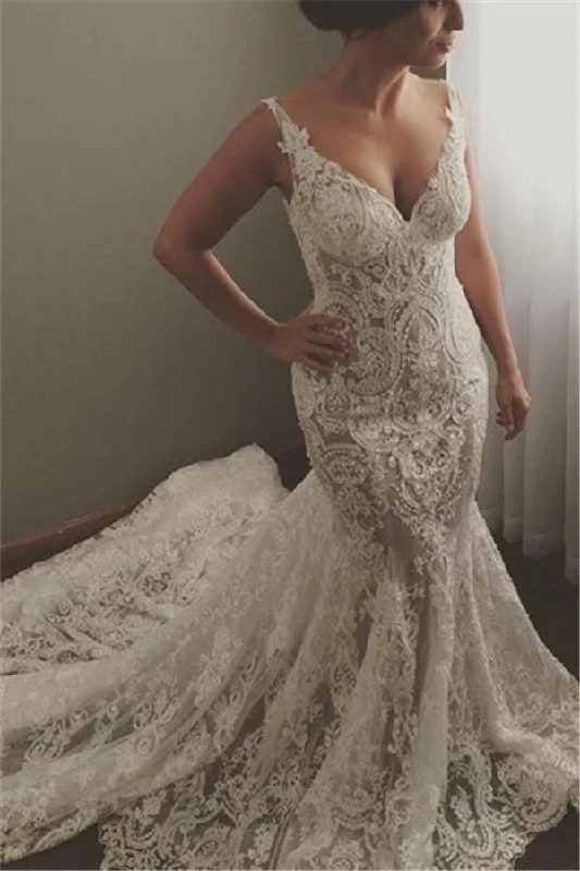 Bargain Blast Modern Sleeveless V Neck Wedding Dress Mermaid Bridal Gowns with Lace Appliques