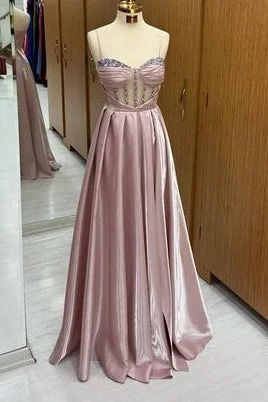 Hurry In form-fitting dressSpaghetti Straps A-Line Sheer Empire Beaded Long Formal Prom Dress