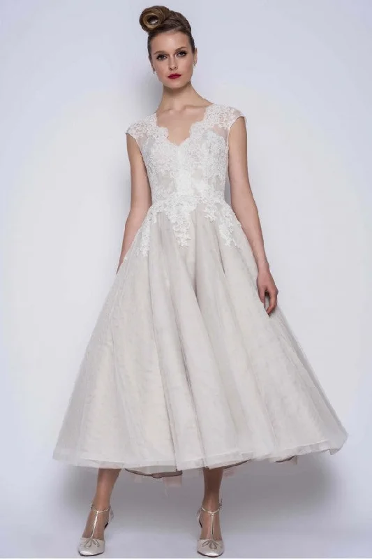 Instant Savings Cap sleeves V neck Princess Short Ankle length Wedding Dress