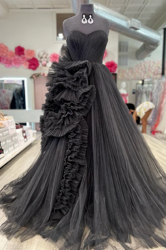 Closeout boho-chic dressBlack Strapless Cascading Ruffled A-line Tulle Long Prom Dress