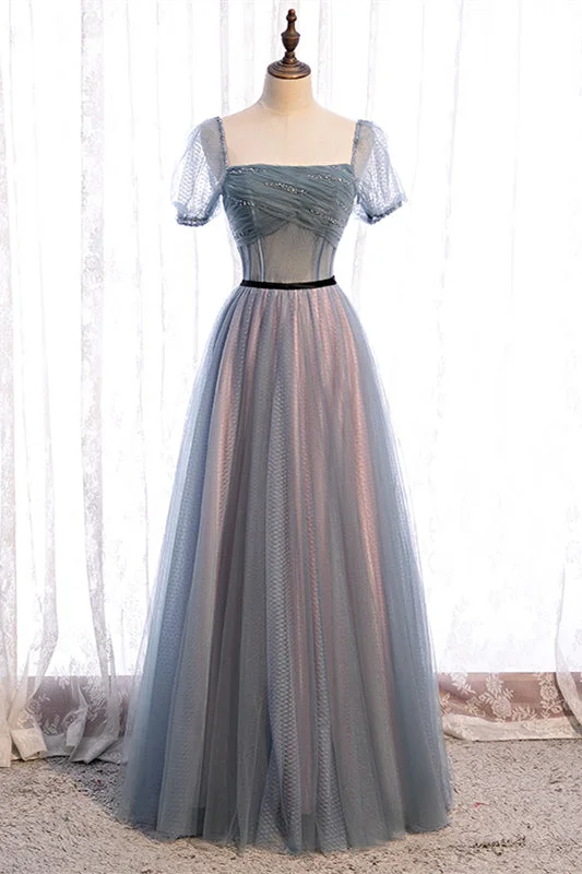 Special Price flowy dressGrey A-line Pleated Beaded Illusion Sleeves Textured Tulle Maxi Formal Dress