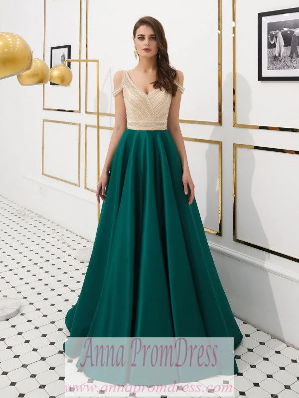 Unbeatable Prices Sparkly Prom Dresses Aline Beading V-neck Open Back Satin Dark Green Prom Dress JKL1606