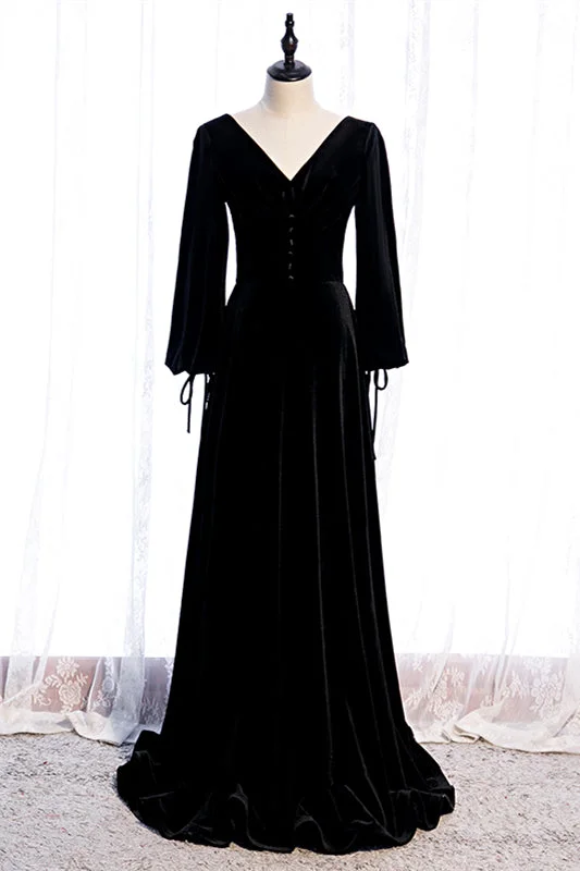 Shop and Save casual slip dressBlack Mermaid V Neck Long Sleeves Lace-Up Velvet Maxi Formal Dress