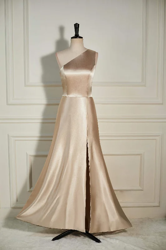 Great Deals one-shoulder dressChampagne One Shoulder A-line Satin Long Bridesmaid Dress with Slit
