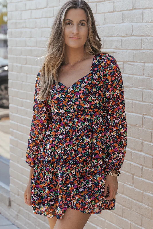 Mega Deal Wrapped V Neckline Long Sleeve Floral Dress