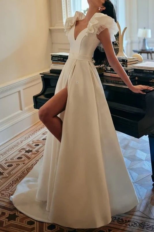 Price Cut backless dressV-Neck Sleeveless Satin A-Line With Slit Wedding Dress