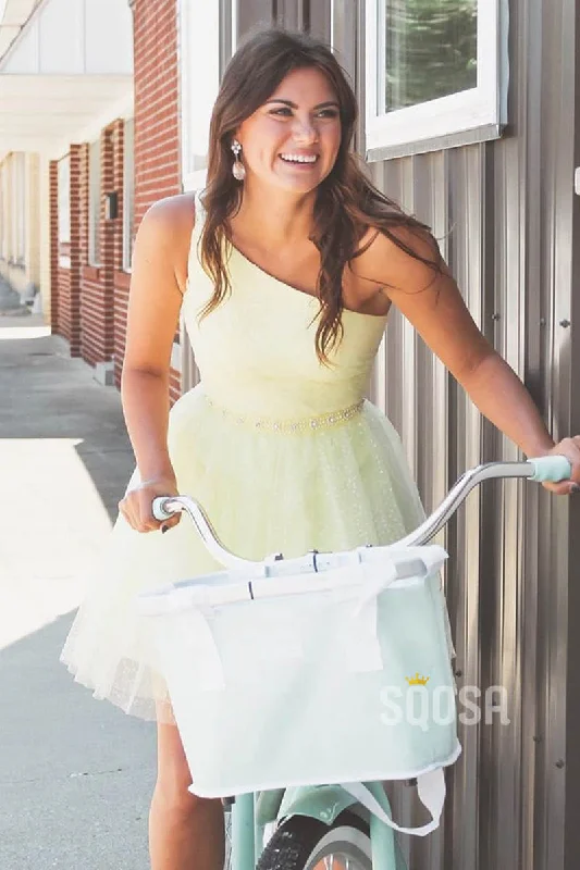 Price Drop Alert elegant evening dressOne Shoulder Sparkle Tulle Short Homecoming Dress QH0824