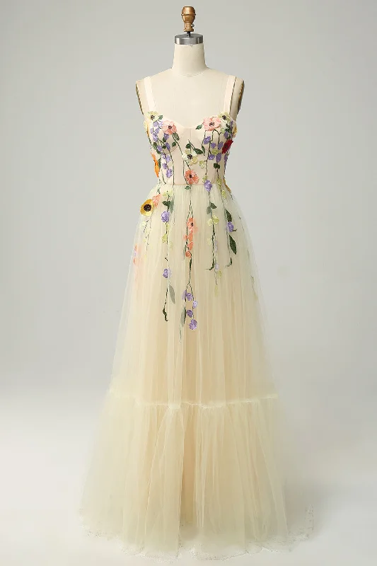 Price Reduction mini dressLight Yellow A-line Appliques Tulle Long Prom Dress