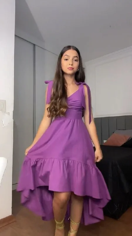 Best Seller puff sleeve dressA-line Purple Hi-low Prom Dress,Cocktail Dress Y4505