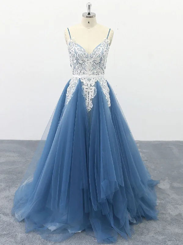 Midnight Madness Open Back Prom Dresses A Line Spaghetti Straps Long Prom Dress Deep V Neck Evening Dress JKL1620