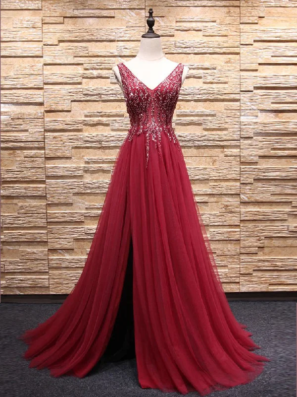 Exclusive Access Sparkly Prom Dresses with Slit Aline V-neck  Beaded Brush Train Long Burgundy Prom Dress JKL1601