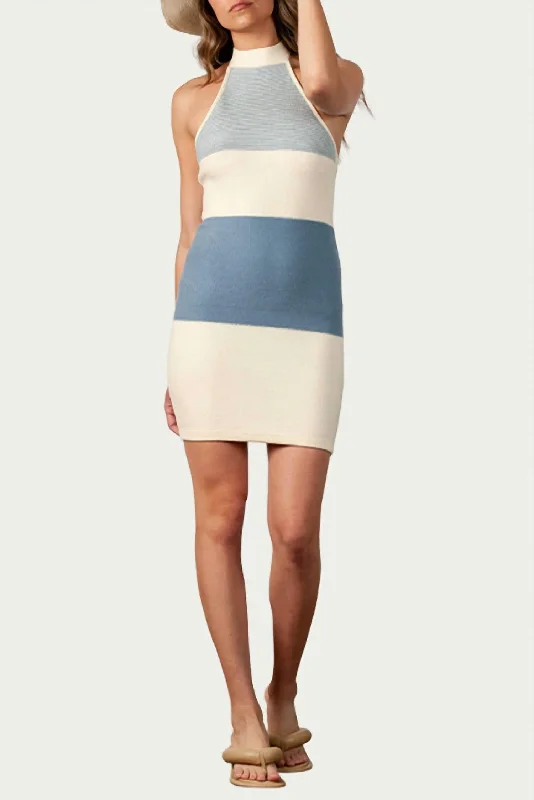 Online Exclusive printed dressCandytuft Knitted Halterneck Mini Dress in Ivory/Blue