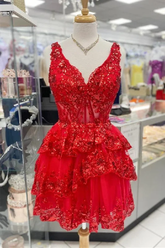 Epic Deals summer floral dressRed V Neck A-line Sequin Tulle Homecoming Dress