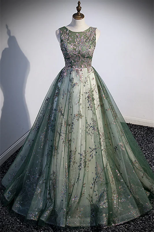 Anniversary Sale trendy mini dressGreen Illusion Neck Sleeveless Sequins-Embroidered Long Formal Dress