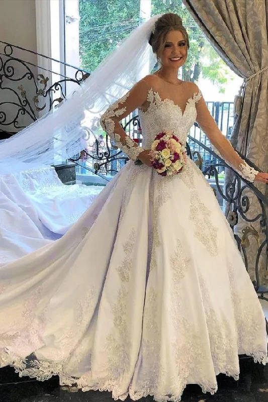 Price Buster Elegant Long Sleeve Lace Wedding Dress Princess Bridal Wear Zipper Back