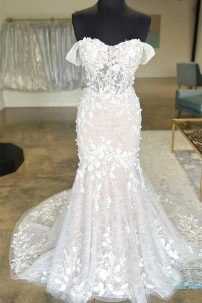Stock Up and Save elegant evening dressTrumpet Sweetheart Off-Shoulder Lace Appliques With Train Wedding Dress Stock Up and Save elegant evening dressTrumpet Sweetheart Off-Shoulder Lace Appliques With Train Wedding Dress