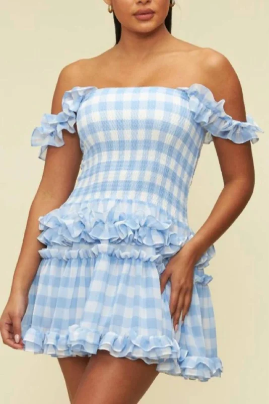 Deep Discounts ruffle dressGingham Mini Dress in White/Light Blue