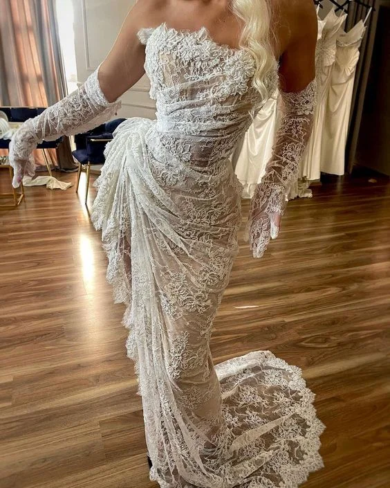 Deal Zone spaghetti strap dressSheath Strapless Bridal Gown Lace Mermaid Ruched Lace High Low Thigh Split Custom Made Wedding Dress Y4435