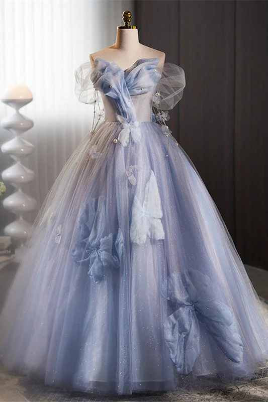 Savings Spectacular ashionable dressBlue Off-Shoulder 3D Floral Applique A-line Tulle Long Prom Dress