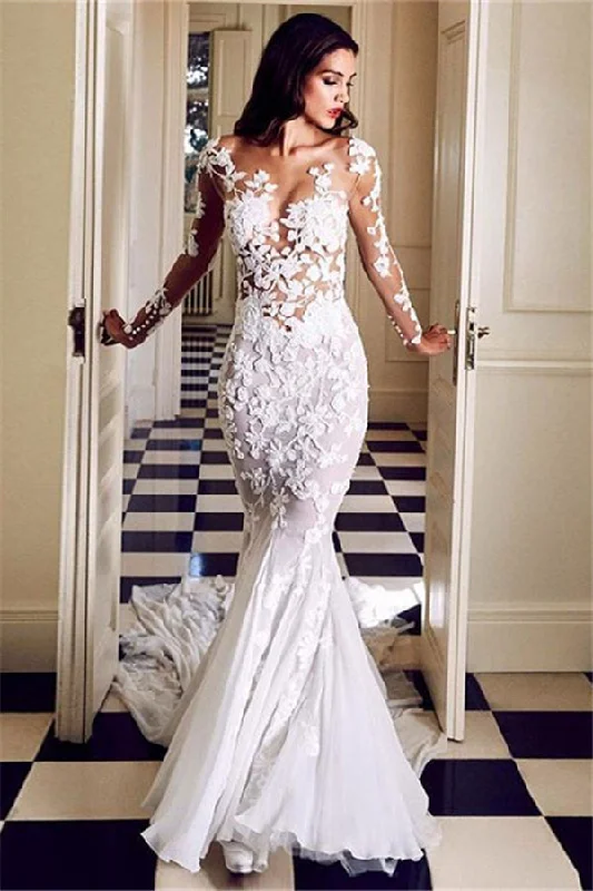 Price Meltdown Charming Crew Neck Long Mermaid Lace Appliques Wedding DressesLong Sleeves Slim Bridal Gowns