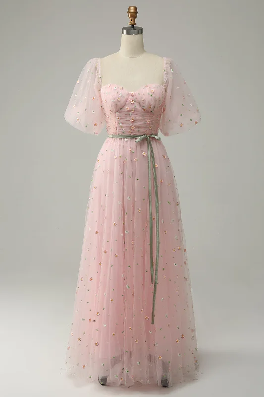 Huge Savings spaghetti strap dressPink Illusion Puff Sleeves Embroideries A-line Long Prom Dress with Sash