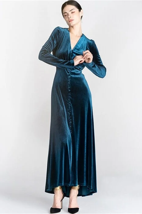 Today’s Special office dressLong Sleeves Blue Velvet Retro Dress