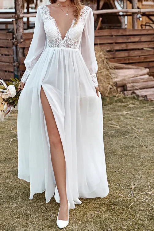 Time-Limited Offer backless dressLong Sleeves Satin A-Line V-Neck Wedding Dress With Side Slit