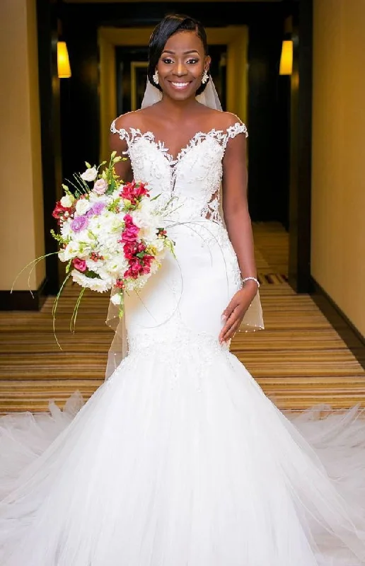 Markdown Madness New Arrival Romantic White Mermaid Cap Sleeve Wedding Dress New Arrival Tulle Bridal Gown