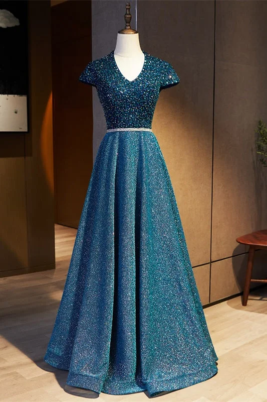 Season Finale Sale A-line dressFlower Blue A-line Cap Sleeves Beaded Keyhole Long Formal Dress