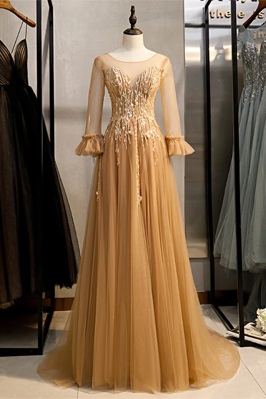 Massive Deals minimalistic dressGold Illusion Neck Long Sleeves Beaded Appliques Maxi Formal Dress