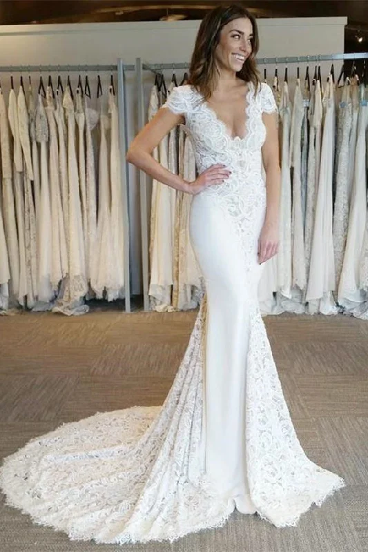 Special Savings New Arrival White V Neck Lace Appliques Mermaid Bridal Gown Backless Cap Sleeve Long Wedding Dress