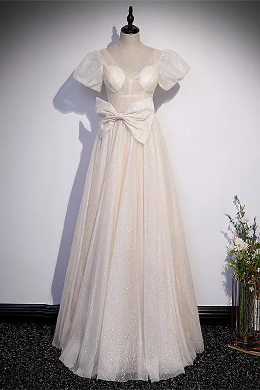 Price Drop vintage dressChampagne V Neck Puff Sleeves Maxi Formal Dress with Bow