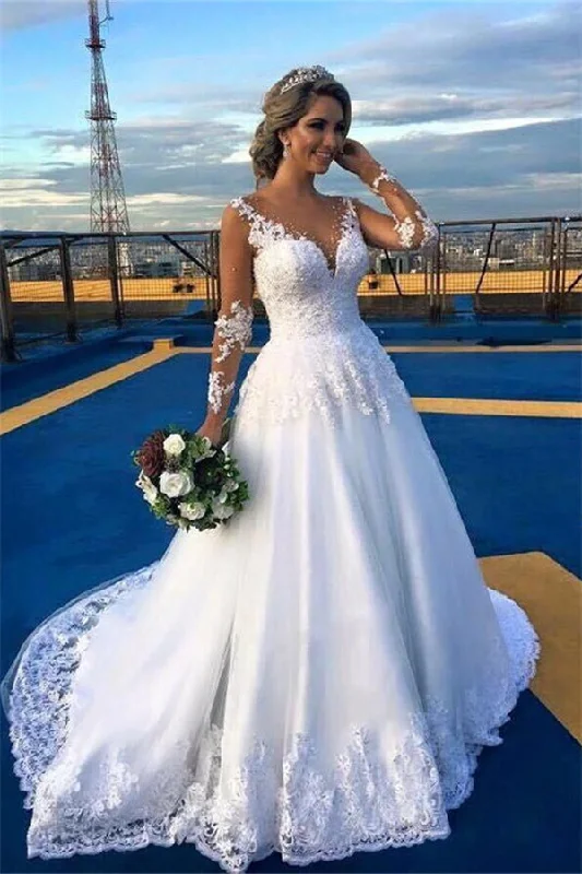 Instant Discount AmazingLace Sweep Train Bridal Gown Long Sleeves Tulle Wedding Dresses