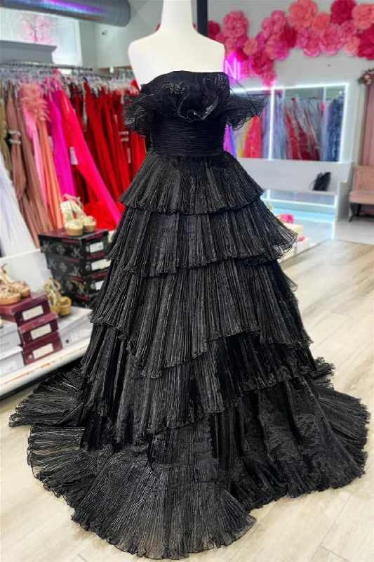 Buy More, Save More tiered dressBlack Strapless Ruffled Layers Tulle Long Prom Dress