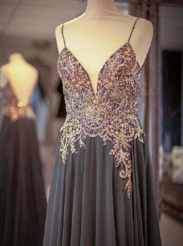 Early Bird Discount Gray Spaghetti Straps A-line Beaded Long Prom Dresses